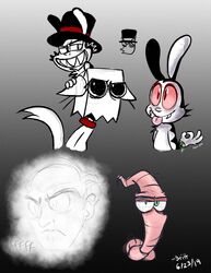  2019 8-bit-britt absurd_res anthro bag black_body black_clothing black_ears black_fur black_hat black_headwear black_top_hat blue_eyes bunnicula bunnicula_(series) chester_(bunnicula) clothing collar digital_media_(artwork) domestic_cat earthworm_jim earthworm_jim_(series) fangs felid feline felis fur ghost grin group half-closed_eyes happy hat head_bag headgear headwear hi_res lagomorph leporid long_ears male mammal multicolored_body multicolored_fur narrowed_eyes on_top pink_body rabbit red_clothing red_collar red_eyes red_hat red_headwear red_sclera red_top_hat sharp_teeth smile spirit standing teeth tongue tongue_out top_hat two_tone_body two_tone_fur two_tone_hat two_tone_top_hat vampire villainous_(series) white_body white_fur white_nose worm 