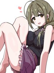  absurdres ahoge bare_legs black_shirt blush breast_press breasts brown_hair female hair_over_shoulder hair_ribbon heart highres huge_ahoge idolmaster idolmaster_shiny_colors kuwayama_chiyuki large_breasts legs_folded ohgi910 purple_skirt ribbon see-through see-through_shirt shirt simple_background skirt sleeveless sleeveless_shirt smile solo white_background 