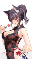  10_plus animal_ear_fluff animal_ears black_dress black_hair black_nails blush breasts candy cat_ears cat_girl china_dress chinese_clothes cleavage cleavage_cutout clothing_cutout commission dress english_text eyeshadow facial_mark female floral_print flower food grey_hair hair_flower hair_ornament heart heart_hair_ornament highres holding holding_candy holding_food holding_lollipop large_breasts licking_lips lollipop looking_at_breasts makeup medium_hair multicolored_hair original ponytail red_eyes red_eyeshadow sidelocks simple_background skeb_commission sleeveless sleeveless_dress solo tattoo tongue tongue_out white_background 