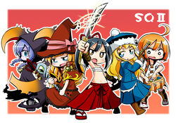  5girls :d :o ahoge arm_up bag bags_under_eyes bare_shoulders black_cloak black_hair black_sailor_collar blonde_hair blue_eyes blue_hair blue_hat blue_jacket blue_skirt blush boots bow braid brown_dress brown_eyes brown_footwear brown_gloves brown_hat bushidou_(sekaiju) bushidou_2_(sekaiju) cloak collarbone colored_eyelashes commentary_request copyright_name curse_maker curse_maker_2 doctor_magus doctor_magus_4 dress fur-trimmed_headwear fur-trimmed_sleeves fur_trim glint gloves gun gunner_(sekaiju) gunner_2_(sekaiju) hakama hat hat_bow hip_vent holding holding_gun holding_sword holding_weapon hood hood_up hooded_cloak jack_frost_(megami_tensei) jacket japanese_clothes katana knee_boots long_hair long_sleeves low_twintails medic_(sekaiju) medic_2_(sekaiju) multiple_girls naga_u navel oerba_yun_fang orange_hair parted_lips pink_bow pleated_skirt red_footwear red_hakama sailor_collar sandals sarashi sekaiju_no_meikyuu sekaiju_no_meikyuu_2 shaded_face short_eyebrows skirt smile socks sword tabi twin_braids twintails v-shaped_eyebrows very_long_hair wavy_mouth weapon white_jacket white_socks witch_hat zouri 