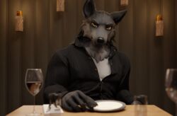  3d_(artwork) 5_fingers angry anthro arm_on_table beverage black_clothing black_suit canid canine canis clothed clothing container cup cutlery date date_pov digital_media_(artwork) dinner dinner_date dinner_table drinking_glass edef eyebrows fingers fork fur garret_(heat) gentleman glass glass_container glass_cup grey_body grey_fur heat_(vr_game) hi_res impatient kitchen_utensils knife looking_at_viewer male mammal open_clothing open_topwear orange_eyes restaurant romantic solo stare suit teeth tools topwear wolf yan_wiah 