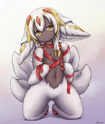  2021 4_arms aiasuru anthro arthropod bangs belly big_ears blonde_hair christmas claws dark_body dark_skin faputa featureless_crotch female fluffy fluffy_tail fur gift hair hi_res holidays horn humanoid hybrid insects kneeling lepidopteran looking_at_viewer made_in_abyss mammal moth multi_arm multi_limb multi_tail narehate navel open_mouth present_wrap presenting red_claws red_horn red_ribbon ribbons signature solo spread_legs spreading submissive submissive_female tail white_body white_fur white_hair yellow_eyes 