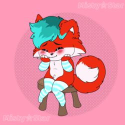  1:1 anthro arm_warmers armwear blue_hair blush canid canine canis chibi closed_eyes clothed clothing crotch_tuft curled_tail digital_media_(artwork) dipstick_tail elbow_gloves embarrassed femboy footwear fox fur gloves green_hair hair handwear hi_res legwear male mammal markings mistystar mostly_nude pattern_arm_warmers pattern_armwear pattern_clothing pattern_legwear pattern_thigh_highs pink_background red_body red_fur shaded simple_background sitting smile solo striped_arm_warmers striped_armwear striped_clothing striped_legwear striped_thigh_highs stripes tail tail_markings thigh_highs tuft 