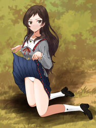  black_hair black_skirt blush breasts brown_eyes bush buttons closed_mouth dot_nose eyelashes female full_body grey_serafuku hair_over_shoulder highres idolmaster idolmaster_million_live! idolmaster_million_live!_theater_days junior_high_schoolmate_(idolmaster) kitazawa_shiho kneeling lifting_own_clothes long_hair long_sleeves looking_at_viewer medium_breasts neck_ribbon on_grass oxfords panties pleated_skirt pocket red_ribbon ribbon school_uniform serafuku shoes sidelocks skirt socks solo straight_hair underwear uniform_series_(idolmaster) v-shaped_eyebrows white_panties white_socks yo_hae_you 