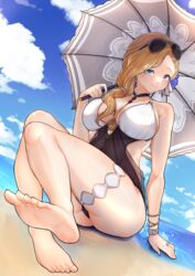  absurdres azur_lane bare_shoulders barefoot beach black_choker blonde_hair blue_eyes bracelet breasts choker cleavage closed_mouth covered_navel earrings eyewear_on_head feet female flower full_body hair_over_shoulder hair_tie hibiscus highres holding holding_umbrella hood_(azur_lane) hood_(lady_of_the_shining_sun)_(azur_lane) jewelry kghazir large_breasts legs long_hair looking_at_viewer multicolored_clothes multicolored_swimsuit nail_polish o-ring o-ring_swimsuit official_alternate_costume one-piece_swimsuit parasol ring side_ponytail sitting smile soles solo sunglasses swimsuit thigh_strap toenail_polish toenails toes umbrella wedding_ring 