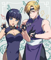  1boy bare_arms black_gloves black_pants blonde_hair blue_dress blue_eyes blue_hair blue_nails blunt_bangs breasts brown_pantyhose china_dress chinese_clothes cleavage cleavage_cutout clothing_cutout dress female fingerless_gloves gloves grey_background highres latla_mirah looking_at_viewer mask medium_breasts nail_polish oerba_yun_fang open_mouth pants pantyhose red_eyes red_nails rip_(undead_unluck) short_hair sleeveless soso_(sosoming) standing undead_unluck 