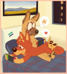  2023 3_fingers 3_toes anthro australian_kelpie bed bedding bedroom black_nose blanket blue_blanket blue_pillow bluey_(series) brown_body brown_fur canid canine canis celtic_mythology controller detailed_background digger_(bluey) digital_drawing_(artwork) digital_media_(artwork) domestic_dog duo european_mythology feet field fingers flat_colors framed_picture fur furniture game_controller gaming great_dane half-closed_eyes herding_dog hi_res hindpaw inside lgbt_pride love lying male male/male male_anthro mammal mastiff molosser moon mouth_closed mythological_creature mythological_equine mythology narrowed_eyes nintendo nintendo_controller nintendo_switch on_bed on_front open_mouth pastoral_dog pawpads paws pillow plantigrade playing_video_game pride_colors procreate_(artwork) red_body red_fur shaibey sheepdog sitting sitting_on_bed sky smile snout space speech_bubble star teeth tiny_c_(bluey) toes vincian_pride_colors yellow_wall 