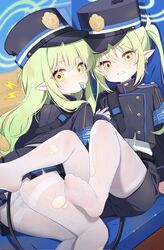  2girls armband black_footwear black_jacket black_shorts blue_archive blue_armband blurry blurry_background blush commentary demon_tail feet foreshortening gloves green_hair hair_between_eyes halo hat heart highres hikari_(blue_archive) jacket kithera long_hair long_sleeves looking_at_viewer mouth_hold multiple_girls nozomi_(blue_archive) oerba_yun_fang open_mouth panties pantyhose peaked_cap pointy_ears shirt shorts siblings sidelocks simple_background sisters sitting skin_fang soles spread_toes striped_clothes striped_panties symbol-only_commentary tail tearing_up toes torn_clothes torn_pantyhose torn_shirt twins twintails underwear very_long_hair whistle white_gloves white_panties white_pantyhose yellow_eyes 