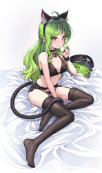  absurdres ahoge alternate_costume alternate_hairstyle animal_ear_fluff animal_ears bell between_legs black_bra black_garter_belt black_hat black_panties black_thighhighs blunt_bangs blush bra breasts cat_ears cat_tail choker closed_mouth commentary curry_bowl delutaya fake_animal_ears female full_body garter_belt green_hair green_nails half_updo halterneck hand_between_legs hat headband highres holding_own_hair indie_virtual_youtuber jingle_bell lace-trimmed_bra lace-trimmed_choker lace-trimmed_panties lace_garter_belt lace_trim lingerie long_hair looking_at_viewer medium_breasts multicolored_hair navel neck_bell no_shoes on_bed panties peaked_cap pink_hair red_eyes sitting solo streaked_hair tail thighhighs underwear underwear_only virtual_youtuber wavy_hair white_background wrist_cuffs 