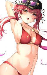  absurdres arm_behind_head arm_up armpits baseball_cap bikini black_hat blush breasts cleavage earrings eyewear_on_head female gold_earrings gold_necklace gradient_hair hat heart heart-shaped_eyewear heart_earrings heart_necklace heterochromia highres hololive houshou_marine houshou_marine_(summer) jewelry large_breasts long_hair looking_at_viewer multicolored_hair navel necklace official_alternate_costume open_mouth purple_hair red_bikini red_eyes red_hair sunglasses swimsuit tongue tongue_out twintails virtual_youtuber wet yellow_eyes yunon_oto_mad 