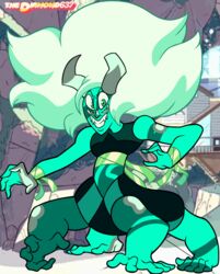  4_eyes 6_arms alien alien_humanoid all_fours alternate_form cartoon_network clothed clothing detailed_background fangs female fusion gem_(species) gem_fusion green_body green_hair green_skin hair hi_res humanoid macro malachite_(mineral) malachite_(steven_universe) markings multi_arm multi_eye multi_limb ribbons smile solo spots spotted_body steven_universe striped_body stripes style_emulation style_parody taur teeth thediamond637 toony 