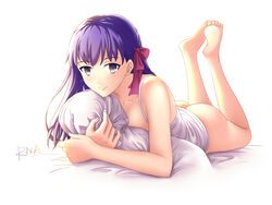  artist_name ass barefoot blush bottomless camisole closed_mouth collarbone commentary eyebrows fate/stay_night fate_(series) female full_body hair_ribbon long_hair looking_at_viewer lying matou_sakura no_pupils on_bed on_stomach pillow purple_eyes purple_hair ribbon rna_(angel-smelter) signature smile soles solo the_pose white_background 