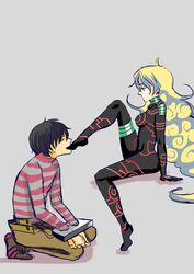  1boy antispiral_nia black_hair blonde_hair blue_hair bodysuit dark_persona feet female femdom foot_licking foot_worship kneeling multicolored_hair neon_trim nia_teppelin shackles simon simple_background skin_tight striped_shirt tengen_toppa_gurren_lagann two-tone_hair 