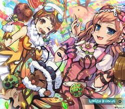  &gt;_&lt; 2girls :3 alternate_costume bad_id bad_pixiv_id brown_hair commentary_request eating felyne food fujimaru_(green_sparrow) gameplay_mechanics goggles goggles_on_head handler_(monster_hunter_world) jug_(bottle) leaf looking_at_viewer meat monster_hunter:_world monster_hunter_(series) multiple_girls one_eye_closed paw_print poogie smile 