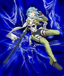  anti-materiel_rifle bipod black_gloves black_shorts blue_eyes blue_hair bolt_action breasts cleavage commentary_request female fingerless_gloves gloves green_jacket green_legwear gun highres holding holding_gun holding_weapon jacket medium_breasts no-ppo open_clothes open_jacket open_mouth pgm_hecate_ii rifle scope short_shorts shorts sinon sniper_rifle solo sword_art_online weapon 