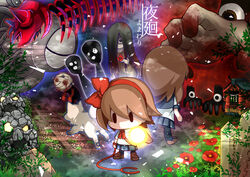  absurdres animal_ears bag bandaged_head bandages blood blood_on_hands blood_stain bug bush canine centipede chibi colorful commentary_request facing_away facing_viewer flashlight flower fog ghost glowing glowing_eyes grass hair_between_eyes hair_ribbon highres leash loafers long_hair monster monster_girl multiple_girls mummy nail open_mouth outdoors photoshop_(medium) plant pleated_skirt protagonist&#039;s_sister_(yomawari) protagonist_(yomawari) rabbit_ears railroad_tracks red_flower red_ribbon ribbon road rock sack school_uniform shoes short_hair short_sleeves shoulder_bag shrine sion_nezumi skirt stone tentacle white_fur yomawari yomawari_(series) 