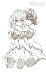  bangs blush breasts copyright_name female glasses hug hug_from_behind looking_at_viewer mikado_ryouko monochrome multiple_girls one_eye_closed school_uniform sitting smile tearju_lunatique thighhighs to_love-ru to_love-ru_darkness wariza white_background wink yabuki_kentarou yuri zettai_ryouiki 