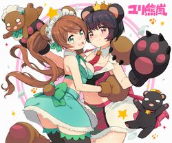  &gt;:) 2girls :d animal_ears animal_hands bear bear_ears bear_girl bear_paws bear_tail between_breasts black_hair black_legwear blush blush_stickers breast_press breasts brown_hair cleavage commentary_request copyright_name crown dual_persona gloves green_eyes haruken long_hair looking_at_viewer maid_headdress medium_breasts midriff multiple_girls navel necktie necktie_between_breasts open_mouth paw_gloves paw_shoes purple_eyes shoes short_hair smile symmetrical_docking tail thighhighs twintails v-shaped_eyebrows yuri_kuma_arashi yurigasaki_lulu yurishiro_ginko zettai_ryouiki 