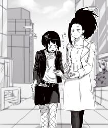  2girls audio_jack bad_id bad_pixiv_id belt boku_no_hero_academia buckle casual cellphone city dress fishnet_pantyhose fishnets greyscale hair_pulled_back jacket jirou_kyouka long_hair long_sleeves monochrome multiple_girls outdoors pantyhose phone ponytail short_hair skirt smartphone smile studded_belt translated unzipped walking yagiushi_(sinnpatilove) yaoyorozu_momo 