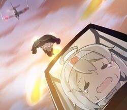  aircraft airplane blurry car commentary_request depth_of_field dutch_angle enemy_aircraft_(kancolle) fairy_(kancolle) female grey_hair headband japanese_flag kantai_collection long_hair minarai_shachou monster motion_blur motor_vehicle open_mouth ryuusei_(kancolle) sweatdrop tears teeth upper_body 