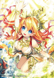  :d armlet bad_id bad_pixiv_id blue_eyes bracelet breasts cleavage commentary_request female greek_mythology headpiece hemera_(mythology) jewelry large_breasts long_hair moeru!_girisha_shinwa_no_megami_jiten moeru!_jiten open_mouth orange_hair outstretched_arm renta_(deja-vu) smile solo 