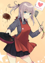  alternate_hairstyle apron bad_id bad_pixiv_id black_skirt blue_eyes cooking cowboy_shot dress_shirt female food frying_pan girls_und_panzer grey_hair grey_shirt hair_ribbon hair_up hamburger_steak heart holding itsumi_erika kuromorimine_school_uniform light_smile long_hair long_sleeves looking_at_viewer miniskirt nishizumi_miho pleated_skirt ribbon romaji_text school_uniform shirt skirt solo standing star_(symbol) translated umasanjin yellow_background 