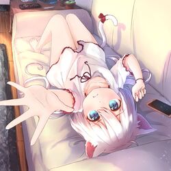  :t ahoge animal_ears arm_up bad_id bad_pixiv_id bare_legs barefoot blue_eyes blush carpet cat_ears cat_girl cat_tail cellphone closed_mouth collarbone commentary controller couch female flower_pot foreshortening full_body hair_between_eyes indoors knees_together_feet_apart knees_up living_room long_hair looking_at_viewer lying maka_neko nail_polish on_back on_couch original outstretched_arm palms phone plant potted_plant pout reaching reaching_towards_viewer red_ribbon remote_control ribbon shirt short_sleeves smartphone solo spread_fingers table tail tail_ornament tail_ribbon tareme unworn_scrunchie upside-down very_long_hair white_shirt wooden_floor wristband 