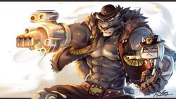  2018 abs anthro ashe_(overwatch) biceps black_body black_fur blizzard_entertainment bob_(overwatch) clothed clothing duo felid female fur hair hat headgear headwear hi_res larger_male male mammal muscular muscular_male overwatch pantherine pecs rabbity size_difference smaller_female tiger topwear vest 