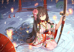  alcohol breasts brown_hair chinese_commentary cleavage commentary_request cup female flower hair_flower hair_ornament hair_ribbon highres holding holding_cup holding_sword holding_weapon japanese_clothes jewelry kanzashi katana kimono large_breasts long_hair looking_at_viewer luoxuan_jingjie_xian mole mole_under_eye musyne_xsk obi oil-paper_umbrella oiran original outdoors partially_submerged petals photoshop_(medium) purple_eyes ribbon ripples sakazuki sake sash seiza sheath sheathed sidelocks sitting solo sword thighhighs tress_ribbon umbrella very_long_hair weapon wide_sleeves 