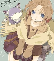  1boy bag blue_eyes bow brown_hair brown_shorts chiisanahana creature fantasy from_above gloves long_sleeves lowres male_focus poncho puka_(wild_arms) ribbon shirt shorts simple_background smile solo_focus tim_rhymeless wild_arms wild_arms_2 