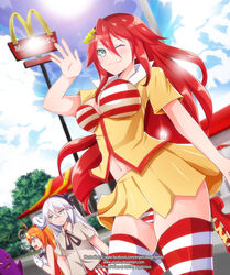  2013 3girls ahoge blue_eyes blush bra cloud colonel_sanders commentary_request day dutch_angle enjelicious genderswap_(mtf) glasses gloves grimace_(mcdonald&#039;s) jollibee jollibee_(mascot) kfc lens_flare long_hair mcdonald&#039;s midriff multiple_girls navel one_eye_closed open_mouth orange_hair panties pantyshot photoshop_(medium) red_hair ronald_mcdonald rule_63 sidelocks skirt smile sparkle sparkling_eyes striped_bra striped_clothes striped_panties striped_thighhighs sweatdrop thighhighs underwear watermark web_address white_gloves white_hair yellow_skirt 