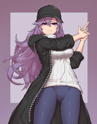  &gt;:( bangs baseball_cap black_hat black_jacket blue_pants breasts closed_mouth commission dungbae finger_gun hair_between_eyes hat highres jacket long_hair long_sleeves looking_at_viewer medium_breasts open_clothes open_jacket original pants purple_background purple_eyes purple_hair smile solo sweater tight tight_pants tsurime turtleneck turtleneck_sweater two-tone_background v-shaped_eyebrows 