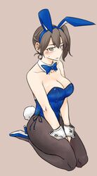  alternate_costume animal_ears bow bowtie brown_eyes brown_hair commentary_request detached_collar female fishnet_pantyhose fishnets kaga_(kancolle) kantai_collection pantyhose playboy_bunny ponke rabbit_ears rabbit_tail short_hair side_ponytail sitting solo tail wariza wrist_cuffs 