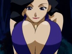  animated animated between_breasts black_hair bouncing_breasts breasts chopsticks cleavage dokkoida dress female huge_breasts lipstick long_hair no_bra sayuri sexually_suggestive smile sumeba_miyako_cosmos-sou_suttokko_taisen_dokkoida wavy_hair yurine_sayuri 