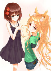  2girls animal_ears azure_luna bare_shoulders blonde_hair bracelet brown_eyes brown_hair commentary_request dress flower fox_ears hair_flower hair_ornament hairclip jewelry long_hair looking_at_viewer multiple_girls necklace original red_eyes short_hair short_shorts shorts simple_background smile sundress 