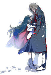  1boy black_hair boots breath brown_eyes brown_hair coat commentary_request cropped_jacket do_nko eye_contact female footprints hands_in_pockets height_difference hug jacket long_coat long_hair looking_at_another looking_down looking_up minashiro_orihime minashiro_soushi open_clothes open_coat pants sidelocks skirt smile snow snowing soukyuu_no_fafner uncle_and_niece uniform white_background 