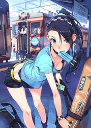  2boys bag bent_over black_hair blue_eyes bra breasts character_request commentary_request downblouse dripping duffel_bag earrings female food gloves guitar_case hair_over_one_eye hairband instrument_case jewelry kashima_noa leaning_forward long_hair midriff mouth_hold multiple_boys ponytail popsicle rail_wars! scrunchie shirt shorts small_breasts standing sweat t-shirt tactile_paving train train_conductor train_station underwear uniform vania600 wristband 