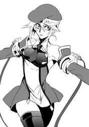  bare_shoulders beret blazblue bolverk breasts commentary_request detached_sleeves dress female greyscale hat kaneaki_mukku monochrome necktie noel_vermillion photoshop_(medium) ribbon short_dress small_breasts smile solo uniform 