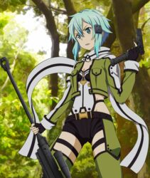  anti-materiel_rifle belt black_gloves black_shorts blue_eyes blue_hair bolt_action breasts cleavage commentary_request extended_magazine female fingerless_gloves forest glock gloves green_eyes green_legwear gun handgun holding holding_gun holding_weapon jacket nature open_clothes open_jacket outdoors pgm_hecate_ii revealing_clothes rifle rinkai_(mamepika8492) scarf short_shorts shorts sinon small_breasts sniper_rifle solo sword_art_online tree trigger_discipline weapon 