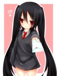  black_hair commentary_request female foreshortening fuxiyu giving incoming_letter letter long_hair love_letter necktie no_pants original partial_commentary red_eyes red_necktie school_uniform sleeves_past_wrists solo sweater twintails very_long_hair 