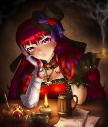  black_gloves black_headband boken_fantasy bow candle cigar commentary_request cup elbows_on_table female flower food gem gloves hat hat_bow hat_flower hat_ribbon headband indoors jewelry knife long_hair looking_at_viewer mug necklace original papers parted_lips pink_eyes prosthesis prosthetic_arm puffy_sleeves purple_bow red_hair ribbon smoke solo very_long_hair 