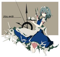  apron bad_id bad_twitter_id blue_dress braid clock_hands cup dress female frilled_dress frills grey_hair hair_ribbon izayoi_sakuya knife maid maid_headdress mug puffy_sleeves red_eyes ribbon shishi_osamu short_sleeves simple_background solo tea_set teapot touhou twin_braids waist_apron 