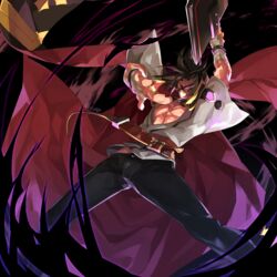  1boy bad_id bad_pixiv_id belt black_hair black_pants blazblue blazblue:_chronophantasma cape forked_eyebrows highres hyakuhachi_(over3) kagura_mutsuki male_focus open_clothes open_shirt pants purple_eyes shirt solo sword weapon 