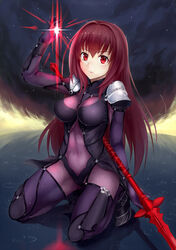  armor bad_id bad_pixiv_id bodysuit breasts fate/grand_order fate_(series) female gae_bolg_(fate) jirusu large_breasts long_hair pauldrons polearm purple_bodysuit purple_hair red_eyes scathach_(fate) shoulder_armor solo spear very_long_hair weapon 