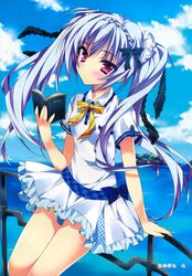  absurdres anapom blue_sky book day female highres island karumaruka_circle light_purple_hair natsume_koyomi ocean purple_eyes railing school_uniform sitting sky twintails 