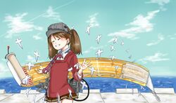  ^_^ blue_sky brown_hair closed_eyes cloud commentary_request day female grin hand_up japanese_clothes kantai_collection kariginu machinery magatama pier pleated_skirt ryuujou_(kancolle) scroll shikigami shimesaba_(simesabaikka) skirt sky smile solo twintails visor_cap 