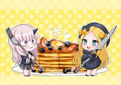  2girls abigail_williams_(fate) bags_under_eyes black_bow black_dress black_footwear black_hat blonde_hair blue_eyes blueberry blush bow bug butterfly chibi chromatic_aberration commentary dress fate/grand_order fate_(series) food forehead fork fruit gaota hairbow hat heart holding holding_fork holding_knife horns knife lavinia_whateley_(fate) long_hair long_sleeves multiple_girls orange_bow oversized_object pancake pancake_stack parted_bangs plate polka_dot polka_dot_background polka_dot_bow purple_eyes red_footwear single_horn sleeves_past_fingers sleeves_past_wrists standing syrup teeth upper_teeth_only very_long_hair yellow_background 