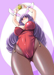  animal_ears arisugawa_maple arms_up blunt_bangs blush breasts character_doll chuchu_(show_by_rock!!) closed_mouth commentary_request covered_navel cowboy_shot eyebrows female fishnet_pantyhose fishnets groin highleg highleg_leotard holding large_breasts legs_apart leotard long_hair pantyhose photoshop_(medium) playboy_bunny purple_eyes purple_hair rabbit_ears rabbit_girl rabbit_tail red_leotard show_by_rock!! smile solo tail tonpuu wrist_cuffs 