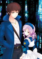  1boy anchor armband bow brown_hair coat commentary_request dlanor_a._knox drill_hair eiserne_jungfrau female hands_in_pockets hat highres jewelry juliet_sleeves kurahika long_sleeves looking_back pendant photoshop_(medium) puffy_sleeves purple_hair umineko_no_naku_koro_ni willard_h._wright yellow_eyes 