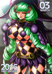  2016 argyle_clothes argyle_cutout argyle_legwear black_gloves black_skirt breasts brown_eyes character_name clothing_cutout commentary cowboy_shot drill_hair female finger_to_mouth fiore_brunelli gloves green_hair green_lips hair_ornament hairpin hat jadenkaiba large_breasts lipstick long_hair looking_at_viewer makeup microskirt miniskirt naughty_face revealing_clothes skirt smile solo star_ocean star_ocean_integrity_and_faithlessness witch_hat 